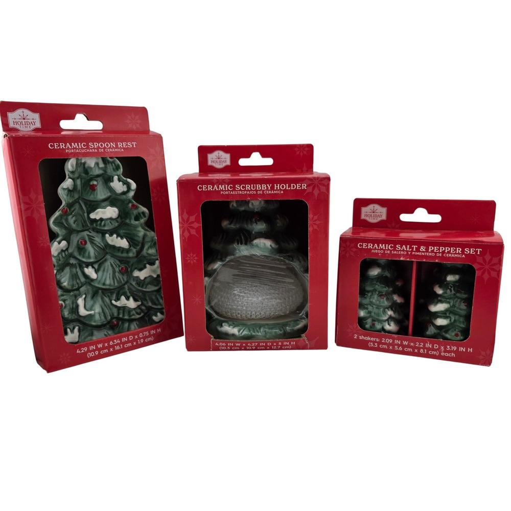 Holiday Time Ceramic Christmas Tree Spoon Rest‎ Scrubby Holder Salt Pepper Set